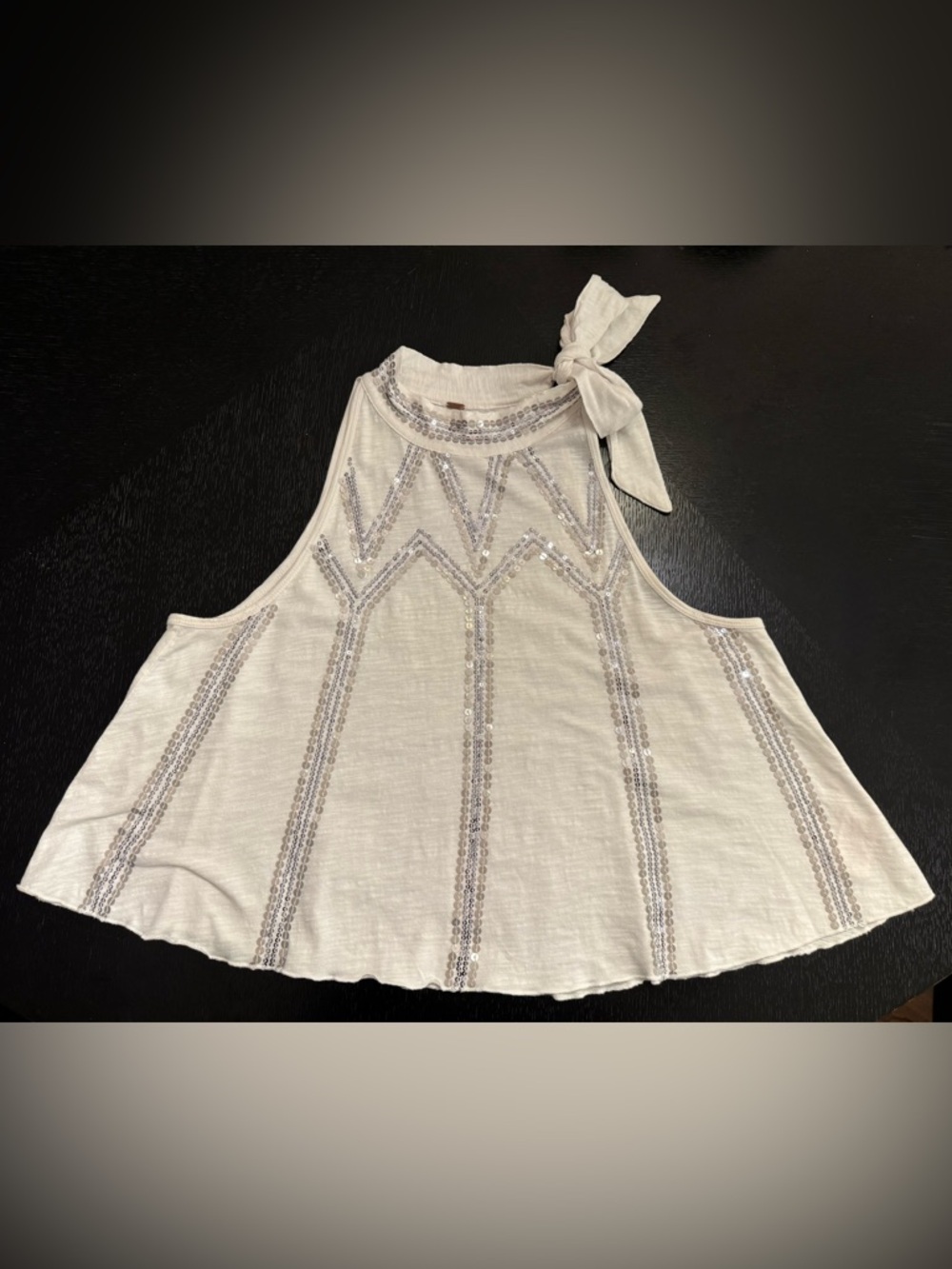 Free People White Sleeveless Tie-Neck Top with Silver Sequins